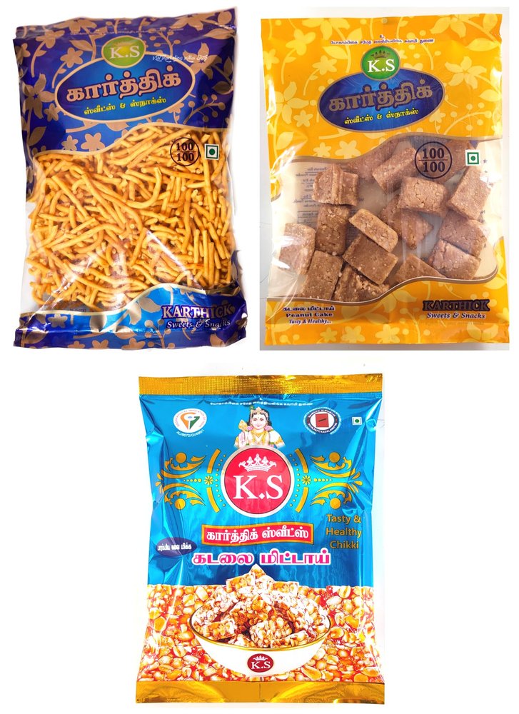 K.S Karthik - Kovilpatti Ko Ko Mittai 200gm (Crushed Groundnut chikki), Kadalai Mittai (Peanut Chikki Candy) 250gm, Karasev 250gm (700 gm)