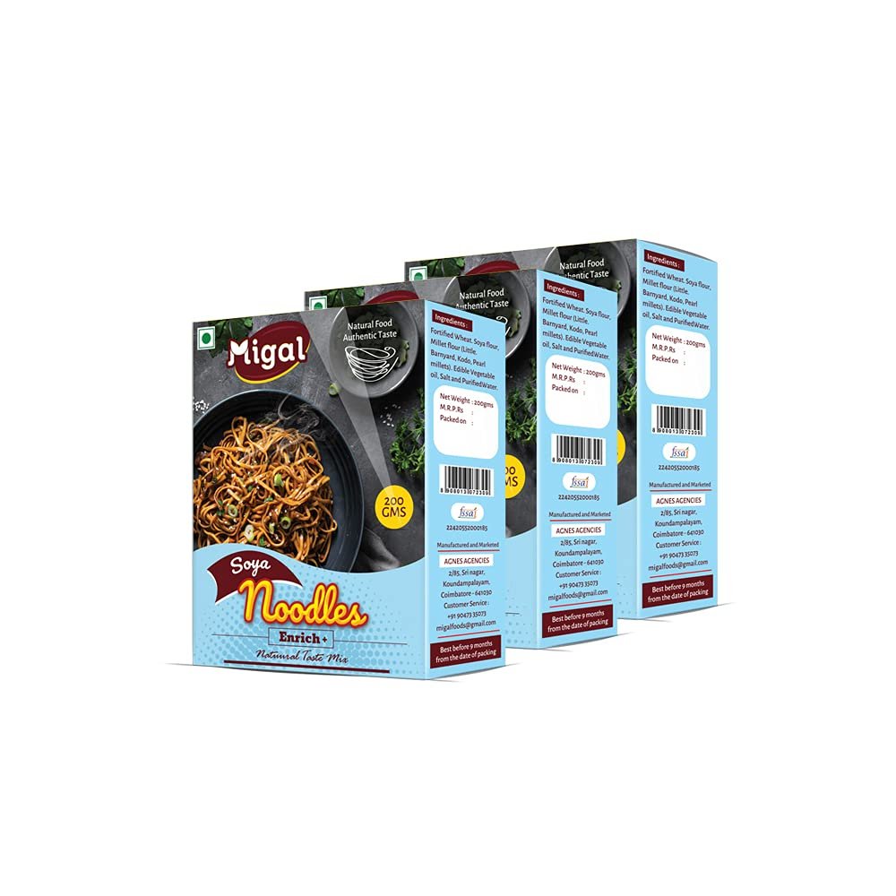Migal Foods SOYA Millet Noodles | Hakka Millet Noodles | No Maida | No Msg | Non Fried | Vegetarian | 195x3 Grams | Pack of 3