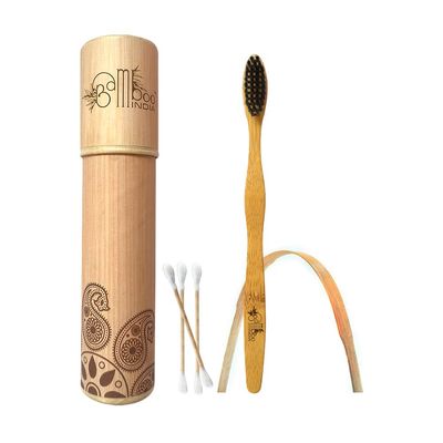 BambooIndia Bamboo Manual Toothbrush With Tongue Cleaner, Earbuds - For kids/Adults - BPA Free Dual Charcoal Black Soft Bristles - Antibacterial & Biodegradable Handle - Natural & Eco-Friendly