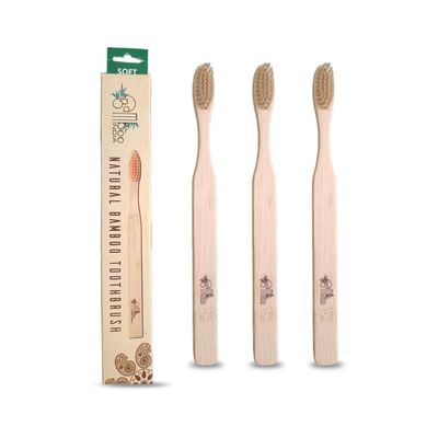 BambooIndia Bamboo Toothbrush Pack of 3 | 2 Adults & 1 Kid | Wooden Toothbrush with Soft Bristles, BPA-Free Dual Natural Colour Tips | 100% Eco-Friendly Biodegradable Handle | Brush Set for Family