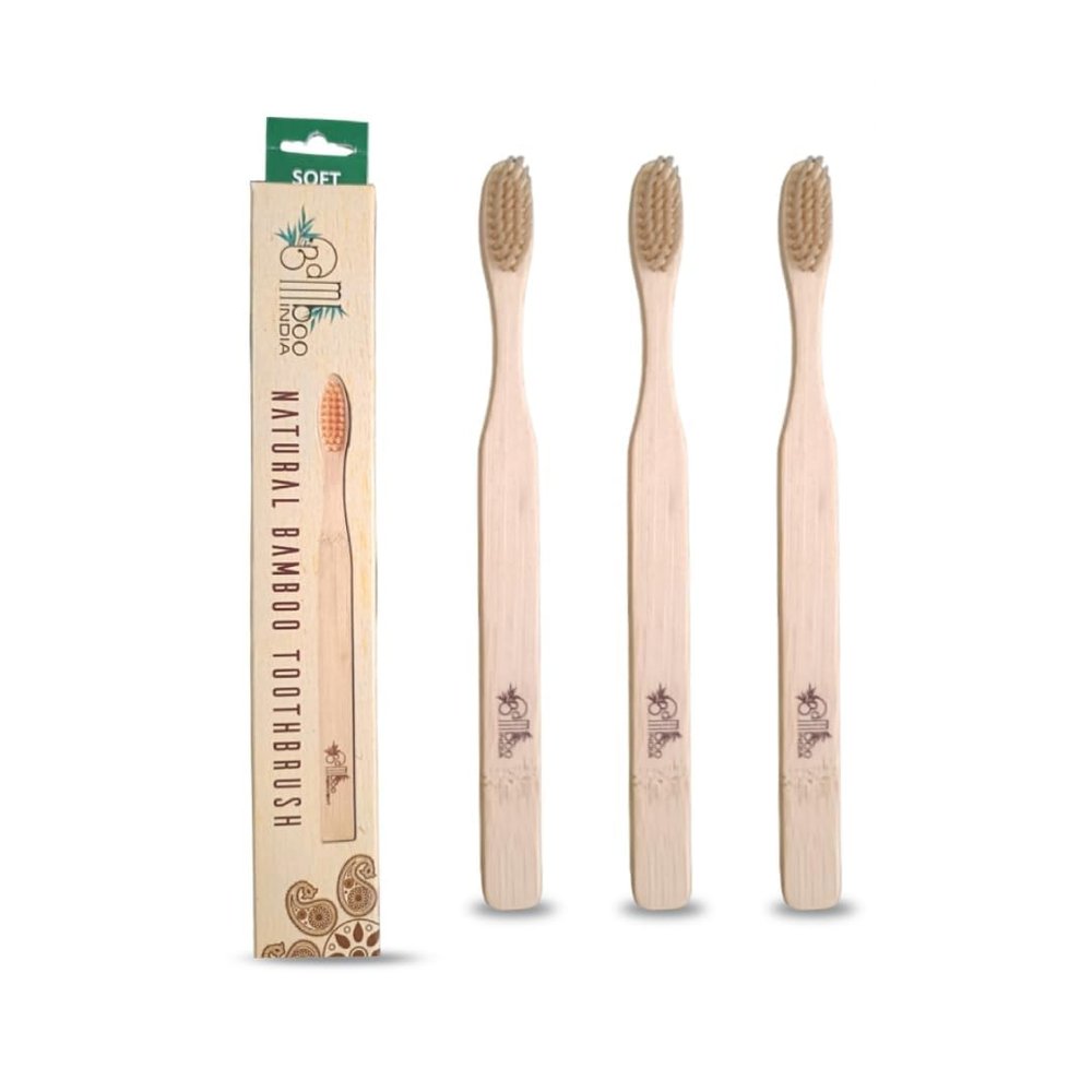 BambooIndia Bamboo Toothbrush Pack of 3 | 2 Adults & 1 Kid | Wooden Toothbrush with Soft Bristles, BPA-Free Dual Natural Colour Tips | 100% Eco-Friendly Biodegradable Handle | Brush Set for Family