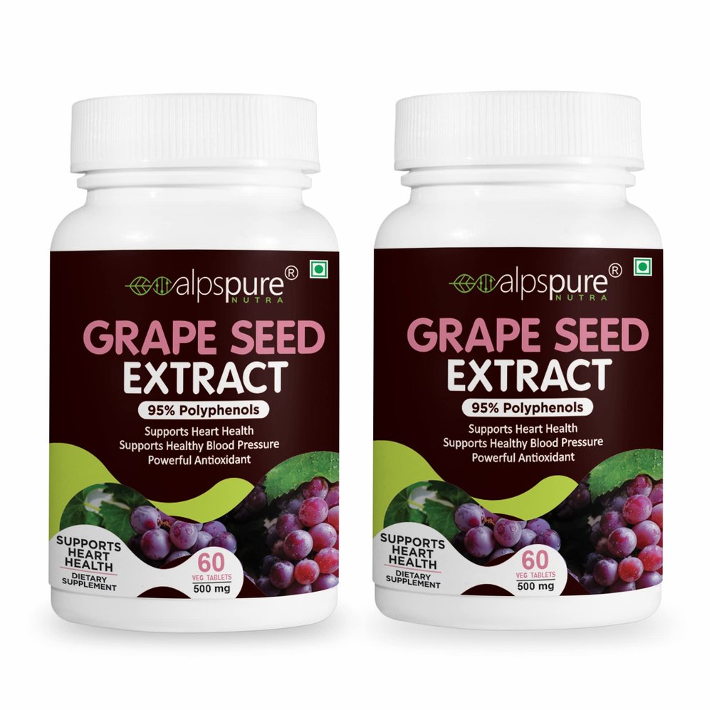 Alpspure Nutra Grape Seed Extract Tablets 500 mg | Maximum Strength Antioxidant | Supports Heart Health | Supports Healthy Blood Pressure (60 Tablets Each) Pack of 2