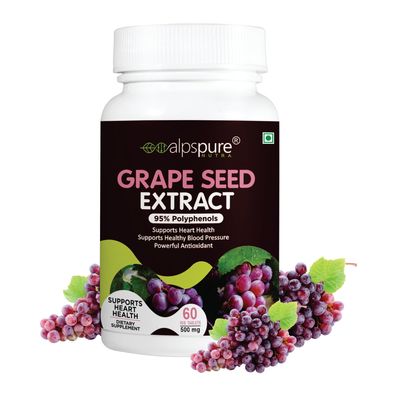 Alpspure Nutra Grape Seed Extract Tablets 500 mg | Supports Heart Health | Supports Healthy Blood Pressure | Powerful Antioxidant Supplement | 60 Tablets (Pack of-1)