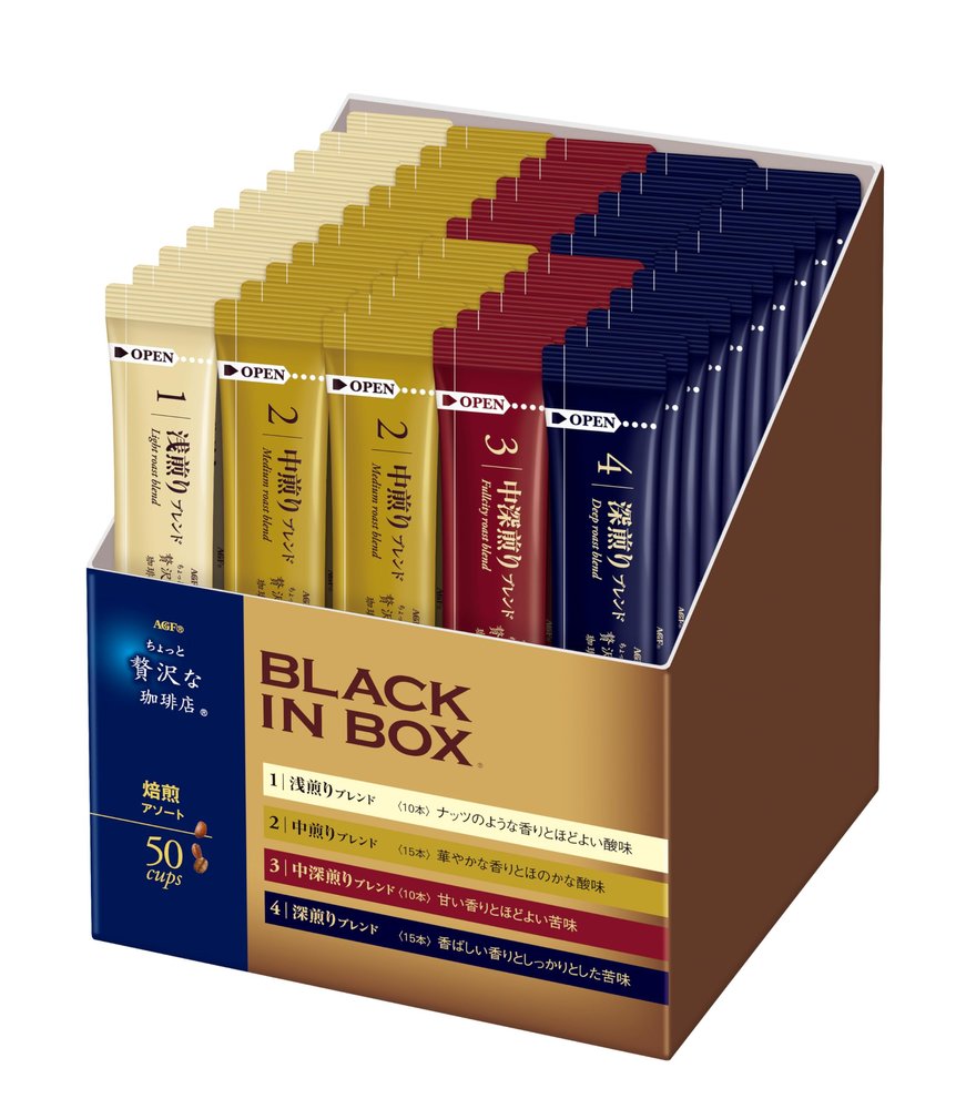 AGF A Slightly Luxurious Coffee Shop Black in Box Stick Black Roast Coffee Assortment [Medium Roast Blend, Dark Roast Blend, Light Roast Blend, Medium Dark Roast Blend] 50 Sticks | Made in Japan