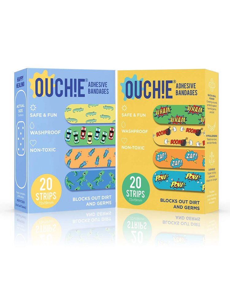 Aya Papaya Ouchie Non-Toxic Printed Bandages Double Combo (40 Pack) - Blue & Yellow