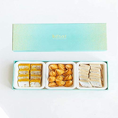 Dessert Drama by Kesar Sweets | Indian Sweets & Snacks Gift Pack Kaju Katli, Mung Dal Barfi, Mini Samosa | Desi Ghee Sweets Indian Mithai - 750 g | Sweets and Snacks Combo Pack | Premium Corporate Snacks Gift Hamper for Staff | Gift Hamper for Family