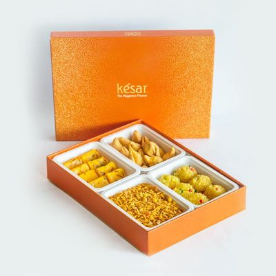 Dessert Drama by Kesar Sweets| Indian Assorted Sweets & Snacks Combo| Kesar Pista Barfi, Boondi Ladoo, Mini Samosa, & Navratna Mixture Namkeen-1 kg | Sweets Gift Pack | Premium Corporate Snacks Gift Hamper | Gift Hamper for Family & Friends