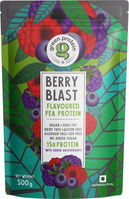 GREEN PROTEIN Pea Protein Isolate Powder, Vegan Plant Protein, No Added Sugar, 100% Vegan, Soy Free, Dairy Free, Gluten Free, Allergen Free, Berry Blast Flavor, 15g Protein Per Serving, Pouch (500g)