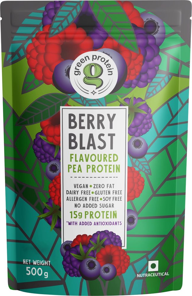 GREEN PROTEIN Pea Protein Isolate Powder, Vegan Plant Protein, No Added Sugar, 100% Vegan, Soy Free, Dairy Free, Gluten Free, Allergen Free, Berry Blast Flavor, 15g Protein Per Serving, Pouch (500g)