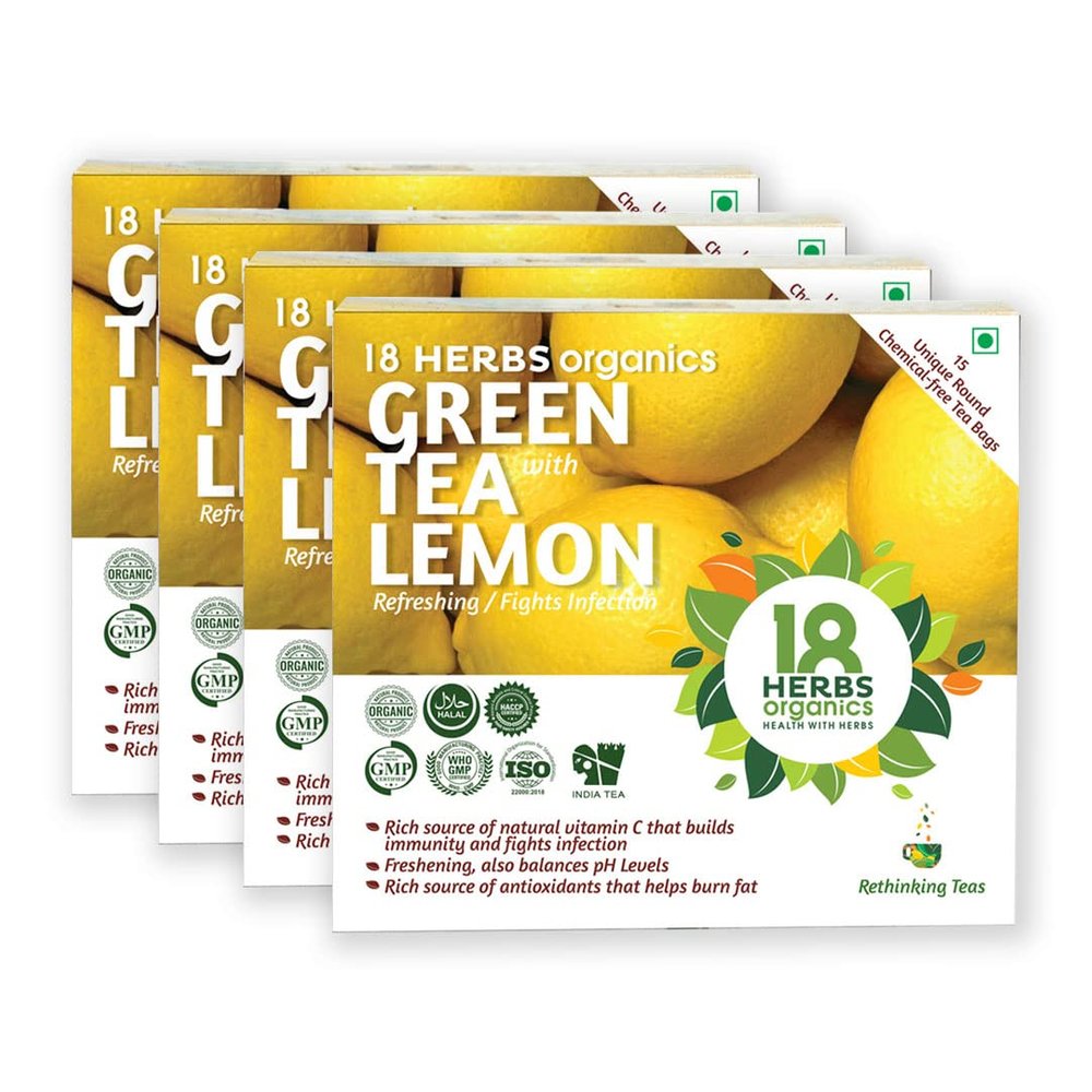 18 Herbs Organics Health with Herbs Green Tea with Lemon (15 Tea Bags - 18.75 grams - Duplex Carton - Pack of 4) Natural Lemon Green Tea Fights Infection - Chemical Free Unique Round Immunity Booster Tea Bags
