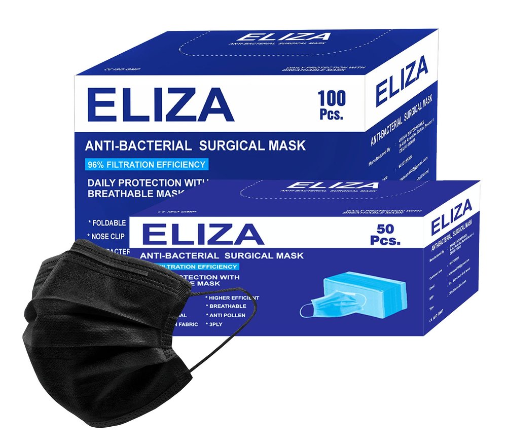 Eliza Melt Blown Fabric Surgical Disposable Face Mask with Nose Clip without Valve for Unisex Adult (Pack of 100, Black) - ISI, BIS, CE, ISO, GMP & TGA (BFE), 98% SITRA Tested