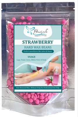 Bluejack Hard Wax Beans for Painless Hair Removal, Brazilian Waxing for Face, Eyebrow, Back, Chest, Bikini Areas, Legs At Home 100 g bag with 3 pcs Wax Spatulas (Strawberry Pink)