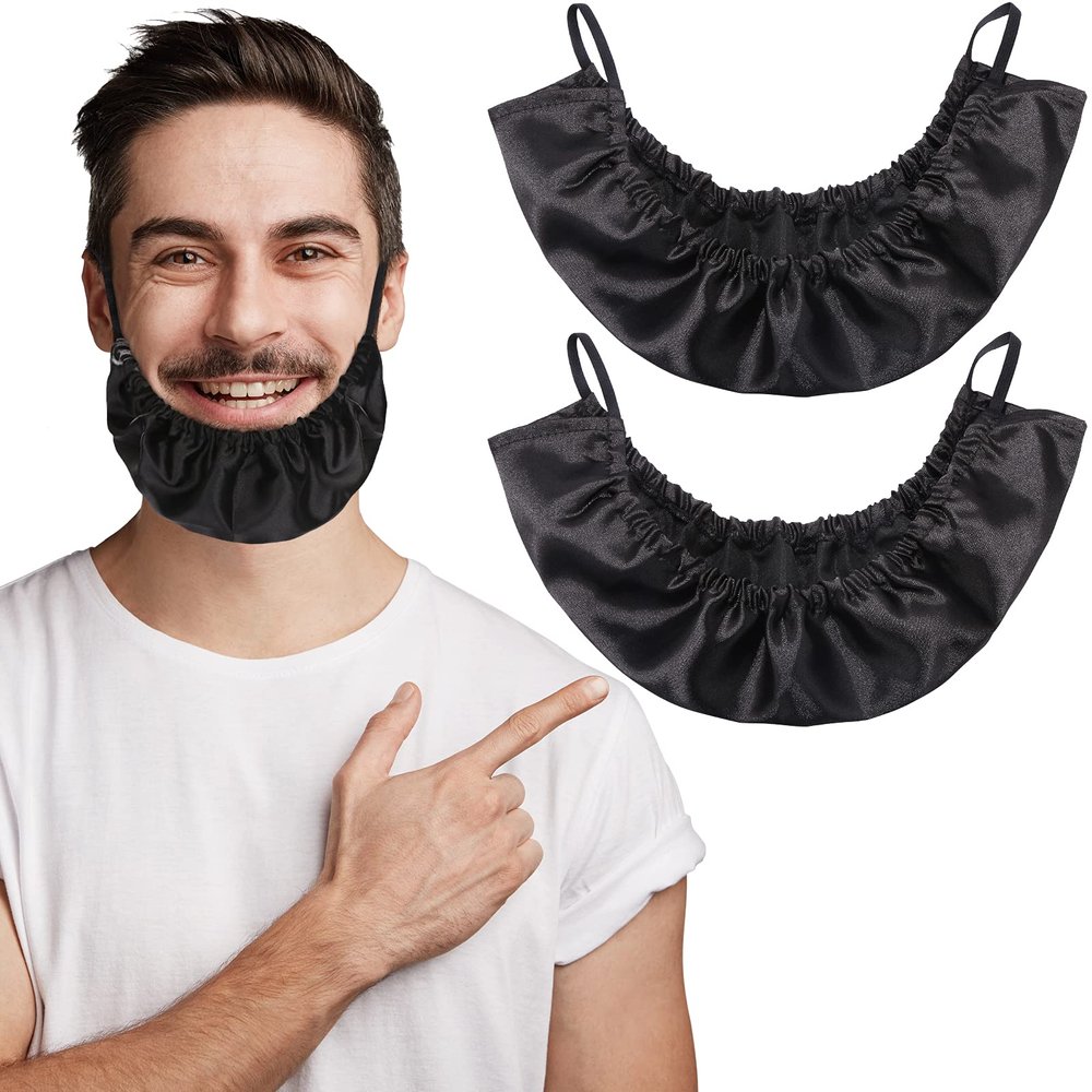 MIKIMIQI Men Beard Bandana, 2 Pack XL Size Men Beard Bib Black Beard Covers Soft and Silky Satin Facial Hair Apron Guard Bonnet Rag Man Bedtime Bib Beard Cap, Oversize Bib for Big Long Beard