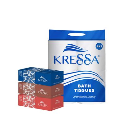 KRESSA 2 Ply Bathroom Tisue & Face Tissue Combo | Budget Combo Pack (4 TOILET ROLL & 3 Box Face Tissue)