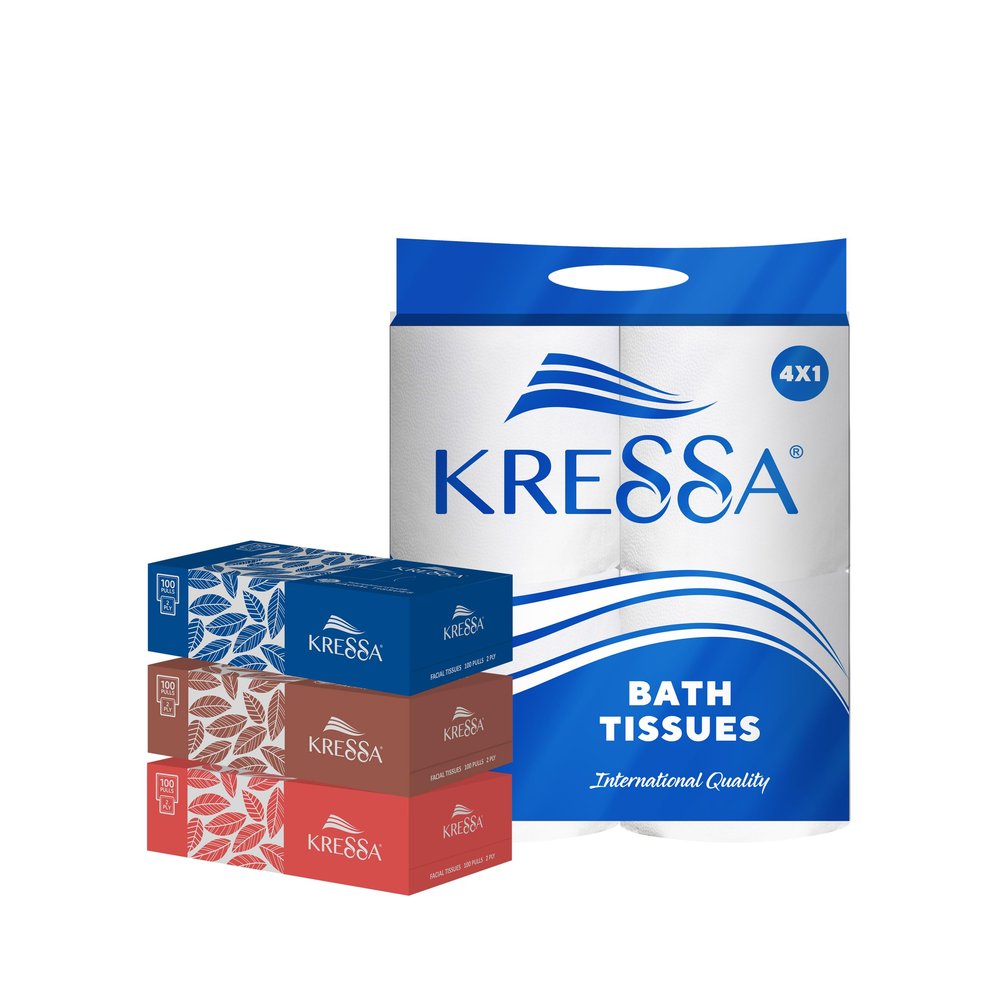 KRESSA 2 Ply Bathroom Tisue & Face Tissue Combo | Budget Combo Pack (4 TOILET ROLL & 3 Box Face Tissue)