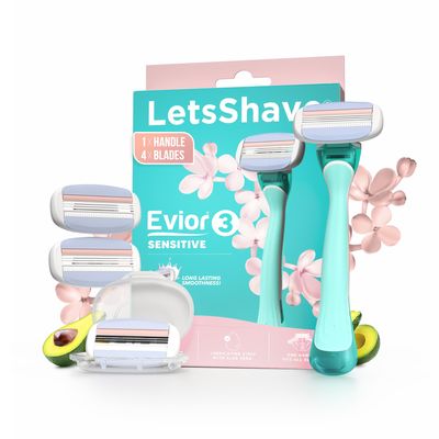 Letsshave Evior 3 Sensitive Shaving Razor Value Set | 1 Handle + 4 Blades | Dual Moisture Bar with AloeVera, Vitamin E, Argan & Avocado Oils | Bikini & Underarm Friendly | Full Body Hair Removal Razor for Women | 6 Months of Worry Free Shaving