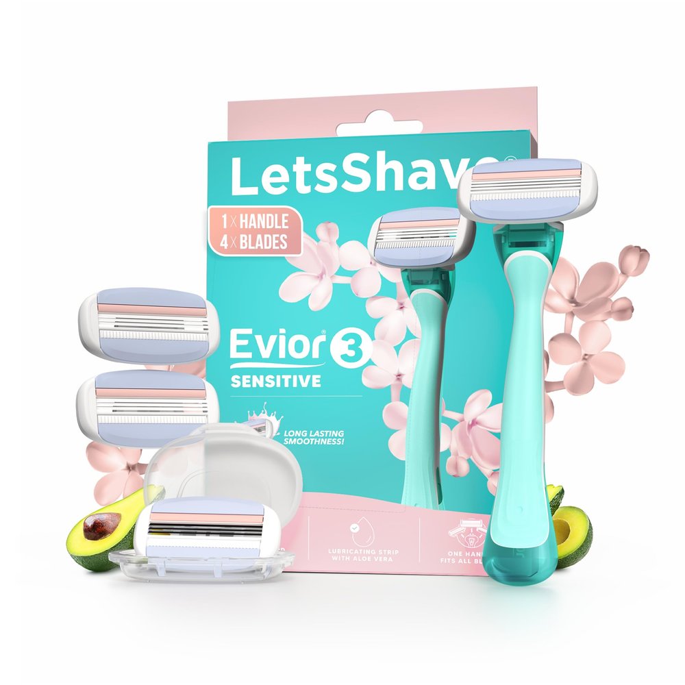 Letsshave Evior 3 Sensitive Shaving Razor Value Set | 1 Handle + 4 Blades | Dual Moisture Bar with AloeVera, Vitamin E, Argan & Avocado Oils | Bikini & Underarm Friendly | Full Body Hair Removal Razor for Women | 6 Months of Worry Free Shaving
