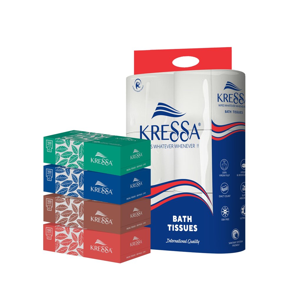 KRESSA 2 PLY BATHROOM TISSUE 6 ROLLS 240 SHEETS PER ROLL & 2 PLY FACIAL TISSUE 4 PACKS 100 PULLS PER PACK BUDGET COMBO PACK (6 TOILET ROLL & 4 PACK FACIAL TISSUE)