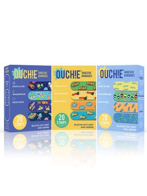 Aya Papaya Ouchie Non-Toxic Printed Bandages Tripal Combo Set Of 3 (60 pack) - Space Blue, Yellow & Blue