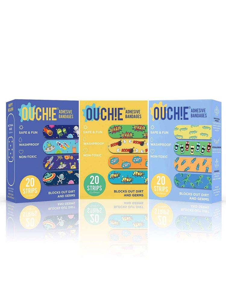 Aya Papaya Ouchie Non-Toxic Printed Bandages Tripal Combo Set Of 3 (60 pack) - Space Blue, Yellow & Blue