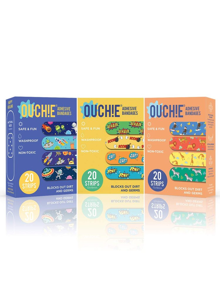 Aya Papaya Ouchie Non-Toxic Printed Bandages Tripal Combo Set Of 3(60 pack) - Space Blue, Yellow & Orange