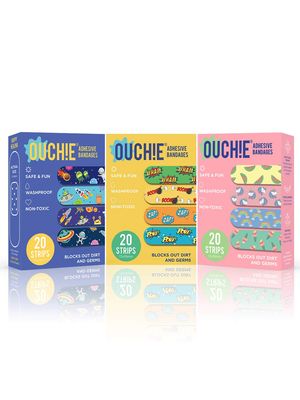 Aya Papaya Ouchie Non-Toxic Printed Bandages Tripal Combo Set Of 3(60 pack) - Space Blue, Yellow & Pink