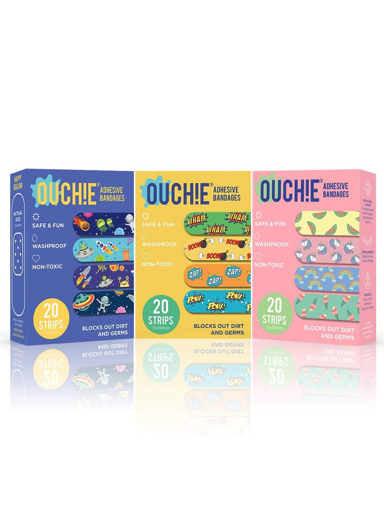 Aya Papaya Ouchie Non-Toxic Printed Bandages Tripal Combo Set Of 3(60 pack) - Space Blue, Yellow & Pink