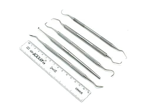 ADDLER Dental Teeth Hygiene Oral Care Kit Of Amalgam Carver, Scaler, Universal Scaler, Curettes, Explorer D/E. Serrated Double Ended, 6 MM Handle. No Slip. No Rust Autoclavable Qty 6.