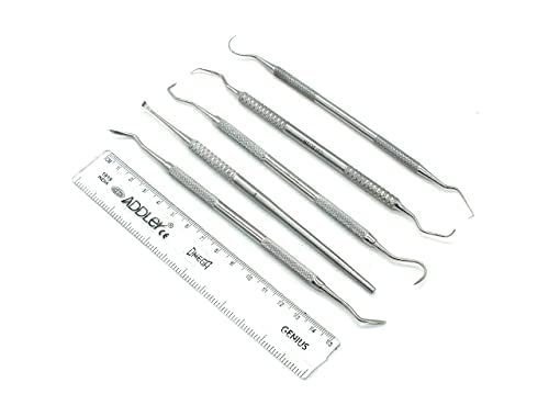 ADDLER Dental Teeth Hygiene Oral Care Kit Of Amalgam Carver, Scaler, Universal Scaler, Curettes, Explorer D/E. Serrated Double Ended, 6 MM Handle. No Slip. No Rust Autoclavable Qty 6.