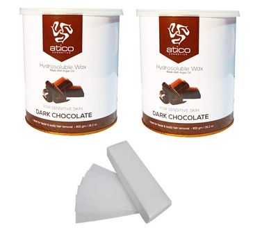 Atico Hair Removal Hydrosoluble Anti-Tan Creme Wax (800 Gm) made with Argan Oil Pack of 2 + 60 Waxing Strips (Dark Chocolate (PACK OF 2) + 60 Strips)