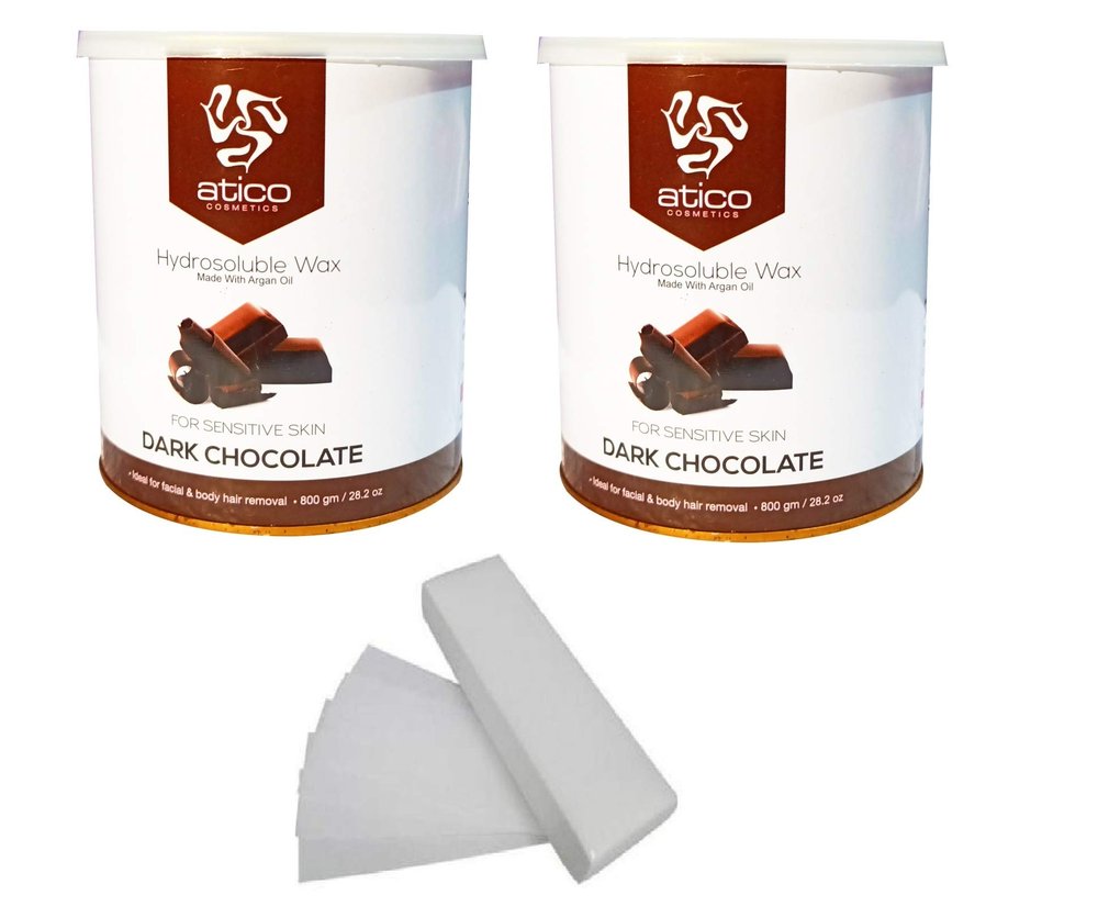 Atico Hair Removal Hydrosoluble Anti-Tan Creme Wax (800 Gm) made with Argan Oil Pack of 2 + 60 Waxing Strips (Dark Chocolate (PACK OF 2) + 60 Strips)