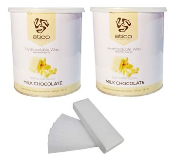 Atico Hair Removal Hydrosoluble Anti-Tan Creme Wax (800 Gm) made with Argan Oil Pack of 2+ 60 Waxing Strips (White Chocolate (PACK OF 2) + 60 Strips)