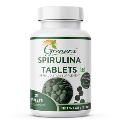 Grenera Spirulina Superfood Tablets 120 nos (1000 mg Per Serving) Pure, Natural Supplement