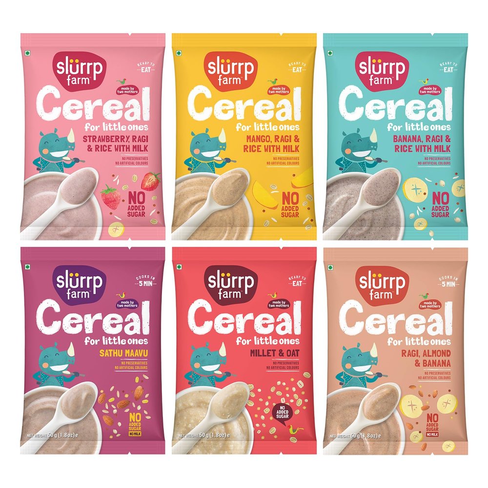 Slurrp Farm No Added Sugar, No Salt Multigrain Cereals Trial Pack Combo | Goodness of Millets - Ragi, Jowar, Oats | Healthy Food for Kids | Real Fruits, 300g (50g*6)