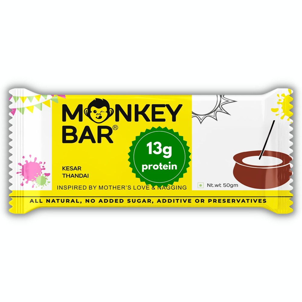 MONKEY BAR - Kesar Thandai Protein Bars - 8 Bars, 50g each, 13g Protein, Healthy & High Protein Snack, No Added Sugar, 6 All Natural Ingredients