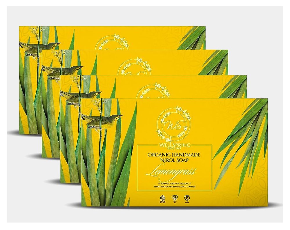 Wellspring (Pack of 4) Nirol Natural Washing Laundry Soap Bar | Veg, Organic And Chemical Free| Baby Safe| For Sensitive Skin| Lemongrass Fragrance (480 Grams)