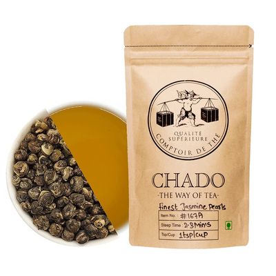 Chado Finest Jasmine Pearls Green Tea Pyramid Tea Bags |Makes 45 cups | 3 Infused | Fresh Green Tea