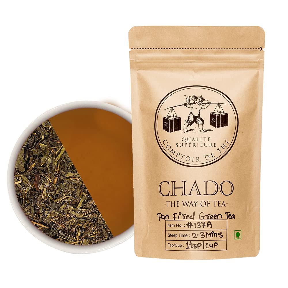 Chado Tea Pan Fired Green Tea (2.5*15=37.5 g Pyramid Tea Bags) |Makes 45 cups |3 Infused |Fresh Green Tea