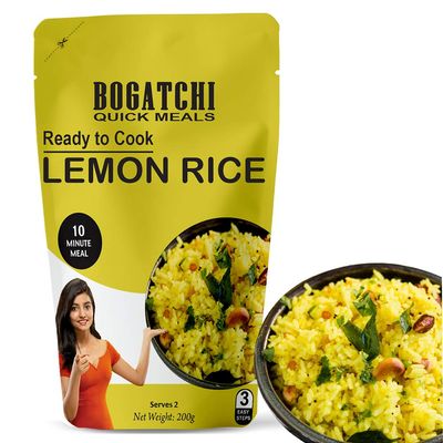 BOGATCHI Quick Meals - Ready to Cook Authentic Lemon Rice - 200 g , Ready to Eat Meal and Tasty Instant Meal, 100% Natural Ingredients, No Preservatives, No Artificial Colours & Flavours
