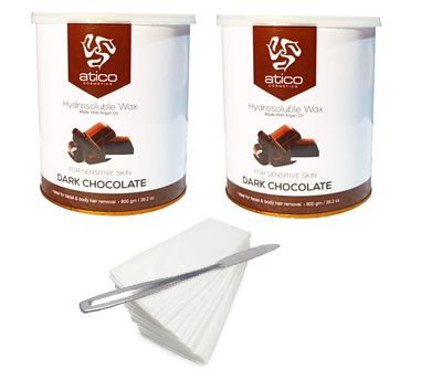 Atico Hair Removal Hydrosoluble Anti-Tan Creme Wax (800 Gm) made with Argan Oil Pack of 2+ 60 Waxing Strips + 1 Stainless Steel Butter Knife (Dark Chocolate Pack of 2 + 60 Strips + 1 Knife)