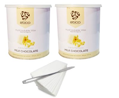 Atico Hair Removal Hydrosoluble Anti-Tan Creme Wax (800 Gm) made with Argan Oil Pack of 2+ 60 Waxing Strips + 1 Stainless Steel Butter Knife (White Chocolate Pack of 2 + 60 Strips + 1 Knife)