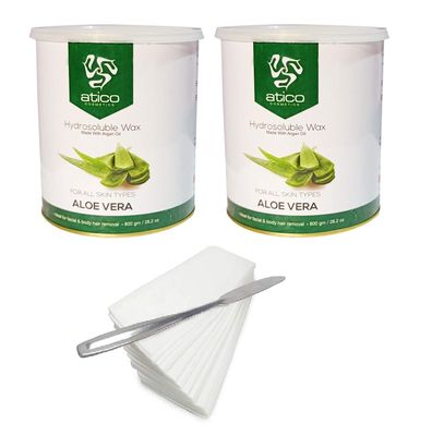 Atico Hair Removal Hydrosoluble Anti-Tan Creme Wax (800 Gm) made with Argan Oil Pack of 2+ 60 Waxing Strips + 1 Stainless Steel Butter Knife (Aloevera Pack of 2 + 60 Strips + 1 Knife)