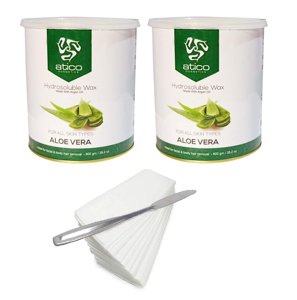 Atico Hair Removal Hydrosoluble Anti-Tan Creme Wax (800 Gm) made with Argan Oil Pack of 2+ 60 Waxing Strips + 1 Stainless Steel Butter Knife (Aloevera Pack of 2 + 60 Strips + 1 Knife)