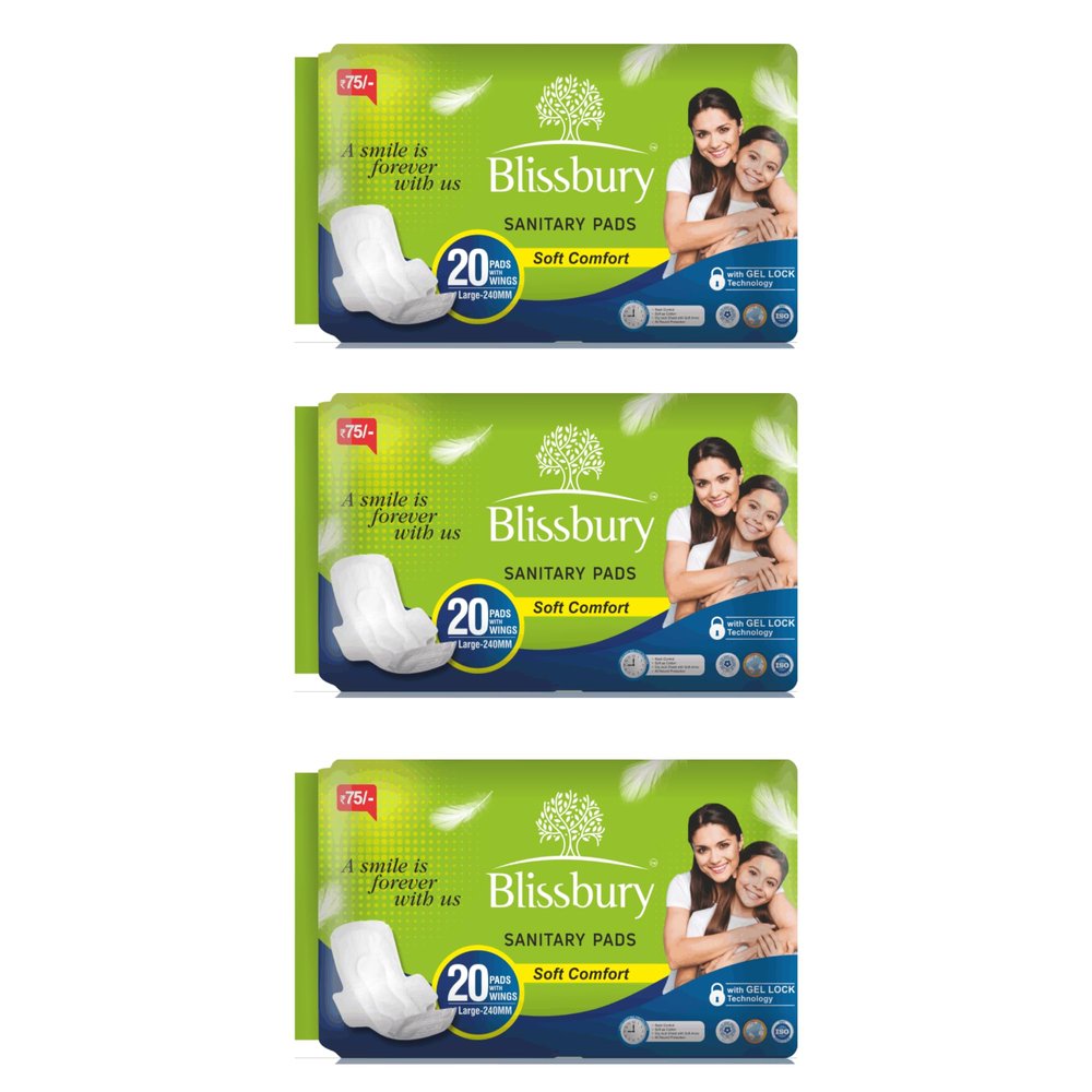 Blissbury L Sanitary Pads,20 Pads(240mm),Rash Free, Leakage Proof,Skin Friendly, Quick Absorption Pads for Women (Pack of 5)