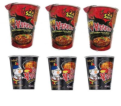 Sam Yang Black Stir Fried &2X Spicy(Combo),Hot Chicken Flavor Ramen Cup ,Instant Noodle Soup 70Gm*6Pack(Imported)(Pack Of 6)
