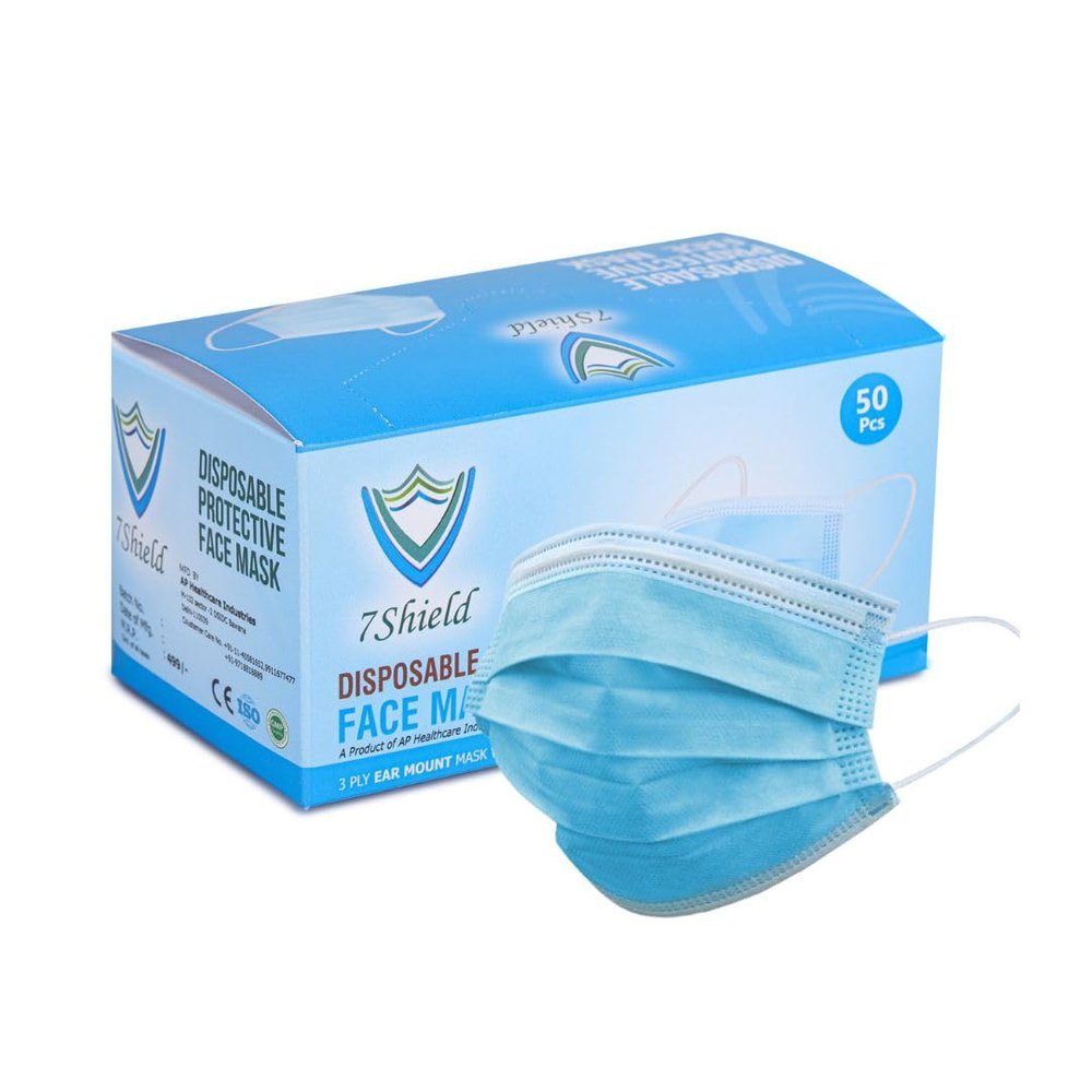7Shield Melt-Blown Fabric Disposable Face Mask (Blue, Pack of 50) with Nose Clip for Unisex | ISO CE GMP SITRA Certified |Soft Spandex Earloop