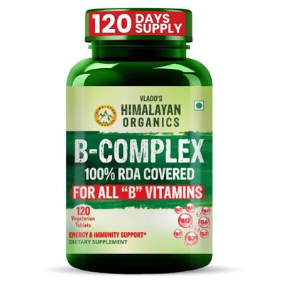 Vlados Himalayan Organics Vitamin B Complex with 100% RDA B1, B2, B3, B5, B6, B7, B9 & B12 | Hair Growth, Energy & Immunity | Youthful Skin - 120 Veg Tablets