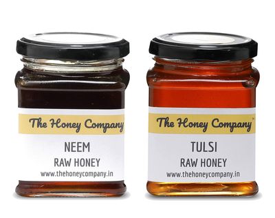 The Honey Company Combo Neem Raw Honey 550g + Tulsi Raw Honey 550g 100% Pure Natural Raw Unprocessed Unpasteurised for Health