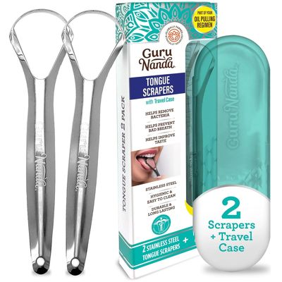 Guru Nanda Stainless Steel Tongue Scraper (Pack of 2), Fights Bad Breath, Medical Grade 100% Stainless Steel, Great for Oral Hygiene, Tongue Cleaner for Adults and Kids