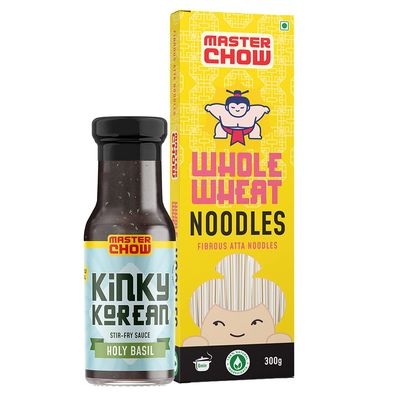 MasterChow Healthy Noodle Pack - Whole Wheat Noodles (300 gm) and Holy Basil Kinky Korean Stir Fry Cooking Sauce (220gm) | No Artificial Color | No Maida, Not Fried |Fresh From the Kitchen | Serves 4-5 Meals